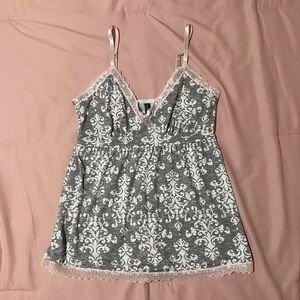 Laura Ashley Gray and Pink Lace-Trim Camisole Chemise